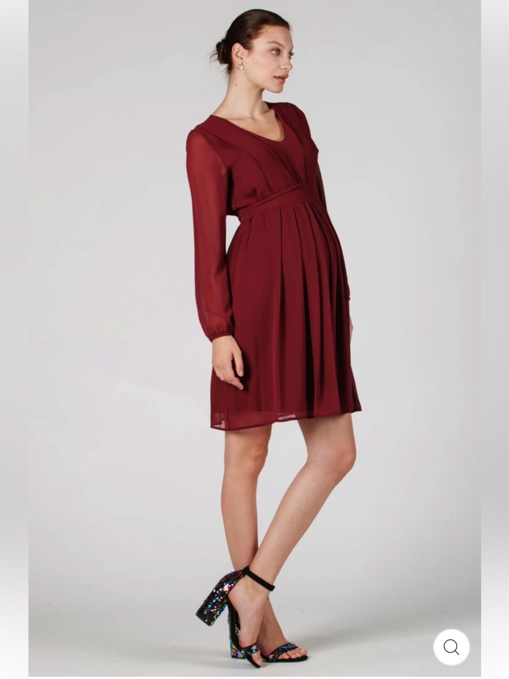 Attesa Maternity & Nursing Chiffon Dress - Burgundy Wine Long Sleeve - Size S